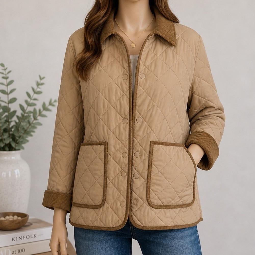 H&M Womens Quilted Jacket Tan Corduroy Trim Barn Coat Small